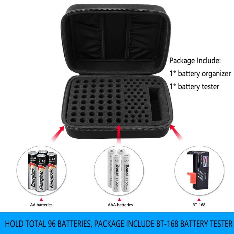 Comecase Battery Organizer Storage Box Case Holder for 48 x AA, 48 x AAA Total 96 Batteries with Battery Tester, Extra 2 Pockets for Other Accessories - Image 4